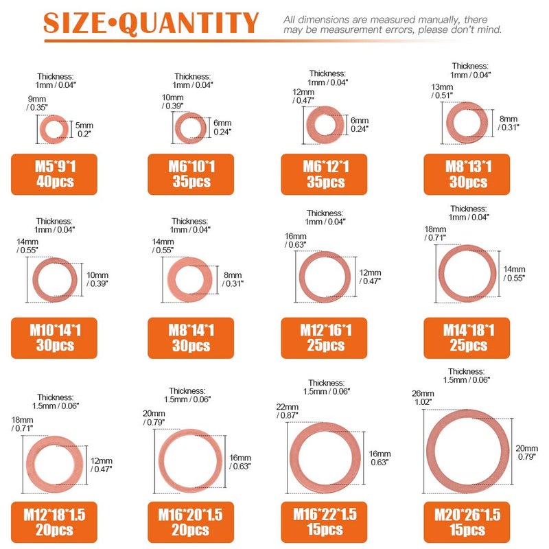 Rustark 320 Pcs Copper Flat Washers Assortment Kit Metric Sealing Washers M5 M6 M8 M10 M12 M14 M16 M20ï¼ˆ12 Sizesï¼‰ - Image 2